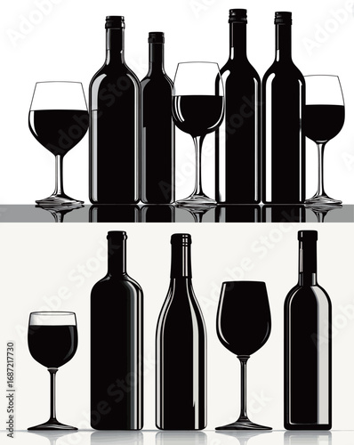 Silhouetted wine bottles and glasses are artfully arranged against two contrasting backgrounds. The black shapes create a modern and sophisticated ambiance ideal for wine lovers.