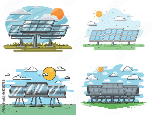 Solar panels are displayed in various arrangements under bright sunlight, highlighting the importance of renewable energy in diverse landscapes including fields and green spaces.