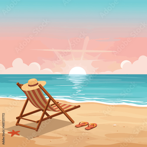 A relaxing beach scene with a striped deck chair straw hat and flipflops on the sand during a beautiful ocean sunrise.