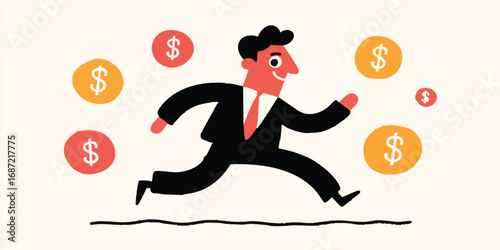 An illustrated businessman sprints forward, chasing after monetary coins, a symbol of ambition, financial goals, and the pursuit of wealth.