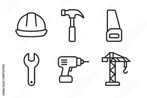 Set of construction tools: hammer, hard hat, wrench, saw, drill, crane