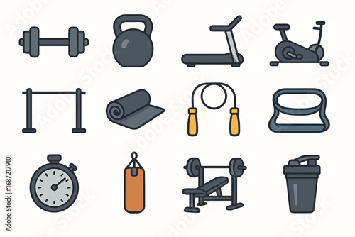 Set of gym equipment icons including dumbbell, kettlebell, treadmill, and yoga mat