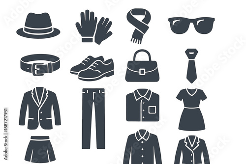 Fashion icons: hats, gloves, scarves, sunglasses, belts, bags, shoes, ties, suits, skirts, shirts, dresses