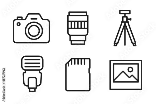 Photography equipment icons: camera, lens, tripod, flash, memory card, picture frame
