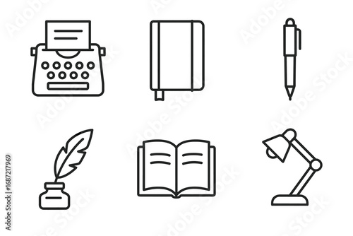 Collection of writing tools and office supplies: typewriter, notebook, pen, quill, open book, desk lamp
