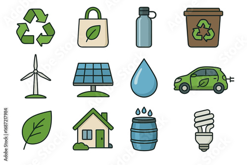 Eco-friendly icons: sustainability, renewable energy, recycling, and green living symbols