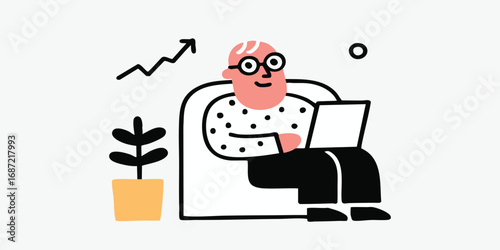 A man, immersed in work on his laptop, finds himself amid financial growth, with an upward-trending graph enhancing the scene of a peaceful workspace and indicating success.
