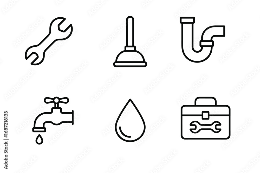 Obraz premium Plumbing tools icons: wrench, plunger, pipe, faucet, water drop, toolbox