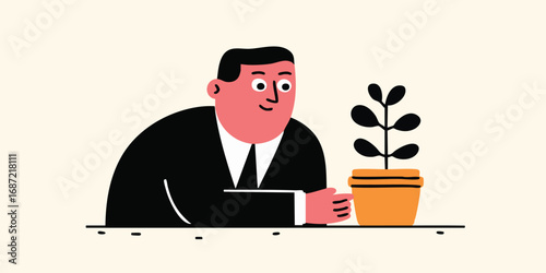 A smiling businessman, his eyes gleaming with hope and dedication, tending to a seedling potted in an inspiring illustration representing growth.