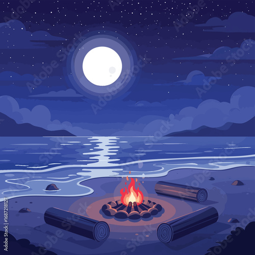 A tranquil campfire on a beach at night with a full moon reflecting on the ocean.
