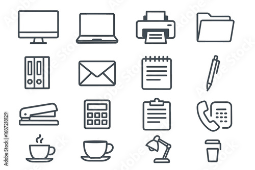 Icon set of office supplies and equipment including computer, printer, and stationery