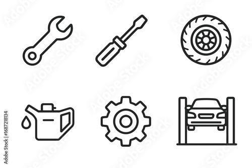 Automotive tools and maintenance icons: wrench, screwdriver, tire, oil, gear, lift