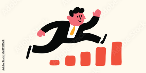 A determined businessperson strides boldly up a series of increasing bar graphs, representing growth, achievement, and progress in a dynamic illustration.