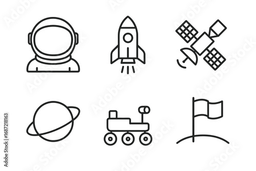 Space icons: helmet, rocket, satellite, planet, rover, flag