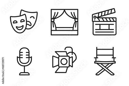 Theatrical icons: masks, stage, clapperboard, microphone, spotlight, director chair