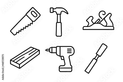 Carpenter tools: hammer, saw, drill, plane, chisel, wood in simple illustrations