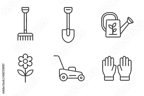 Minimalist line art garden tools and flower illustrations for gardening enthusiasts