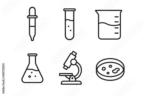 Set of laboratory equipment icons: pipette, test tube, beaker, flask, microscope, petri dish