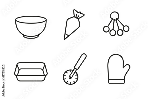 Essential baking tools icons: bowl, pastry bag, whisk, baking dish, pizza cutter, oven mitt