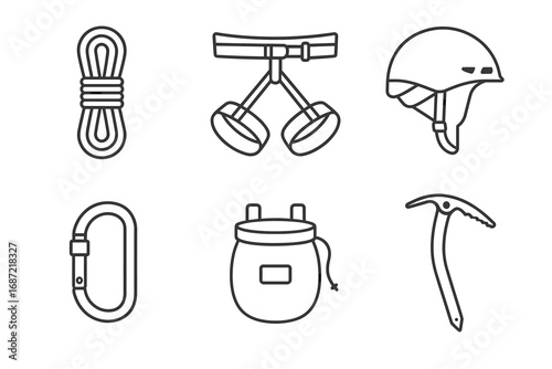 Essential rock climbing gear: rope, harness, helmet, carabiner, chalk bag, ice axe