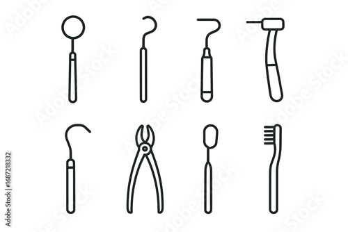 Line art of various dental tools and instruments for oral care