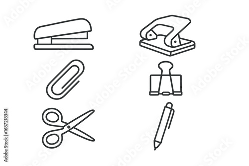 Essential office supplies: stapler, hole punch, paperclip, binder clip, scissors, pen