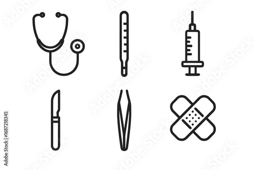 Medical tools: stethoscope, thermometer, syringe, scalpel, tweezers, bandage icons