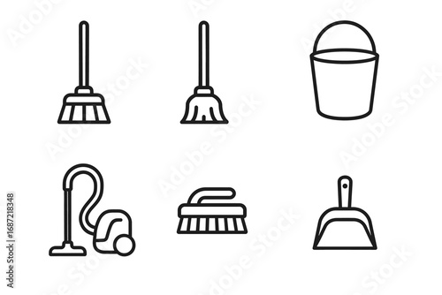 Cleaning tools icons: broom, mop, bucket, vacuum, brush, dustpan