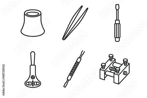 Set of six electronic repair tools including soldering iron and screwdriver