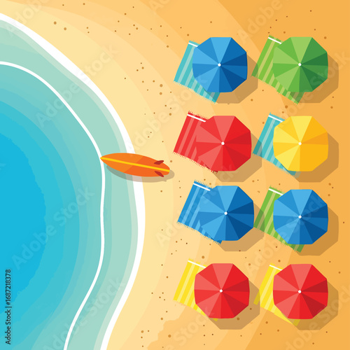 Aerial view of a sunny beach with colorful umbrellas towels and a surfboard by the sea.