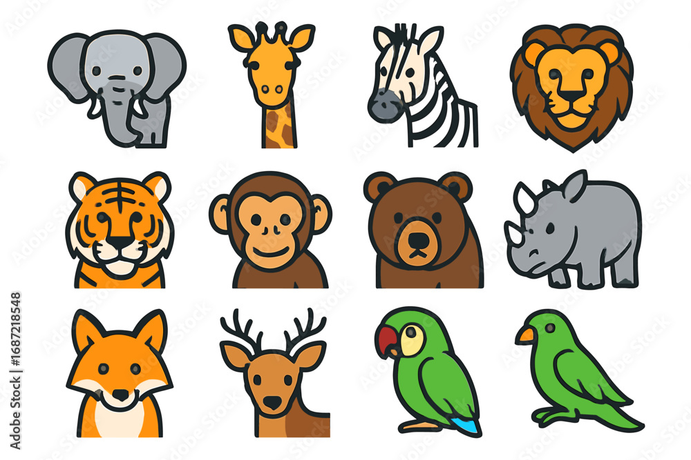 Fototapeta premium Colorful cartoon animal faces with elephant, giraffe, zebra, lion, and more