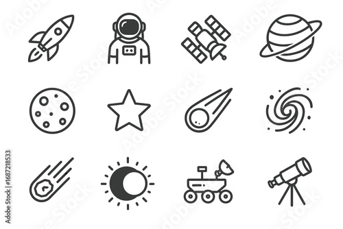 Space exploration icons: rocket, astronaut, satellite, planet, moon, star, comet, galaxy