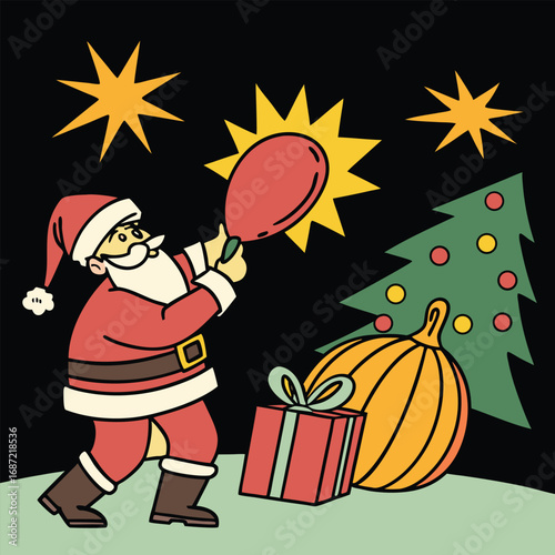 Bold pop art colorful comic style Santa holding a turkey leg, pumpkin exploding into gifts, Christmas tree glowing with fireworks.