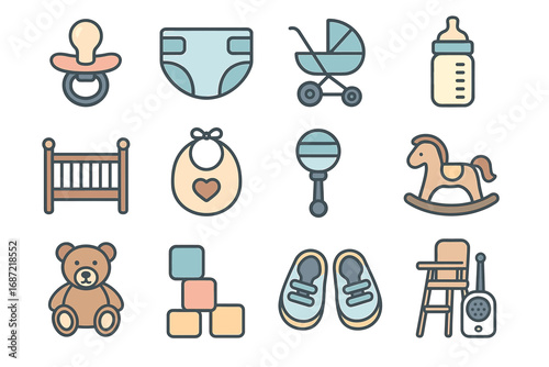 Charming baby essentials icons featuring pacifier bottle stroller crib and more