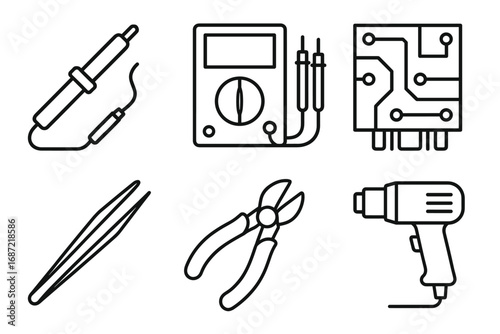 Electronics tools: soldering iron, multimeter, circuit board, tweezers, pliers, heat gun