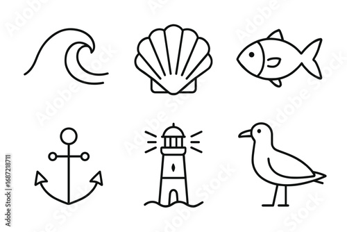 Minimalist nautical icons featuring wave, shell, fish, anchor, lighthouse, and seagull