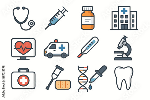 Medical icons: stethoscope, syringe, medicine bottle, hospital, heart monitor, ambulance, thermometer, microscope