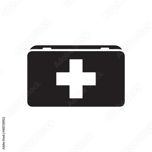 A black and white illustration of a first aid kit with a white cross on the front.