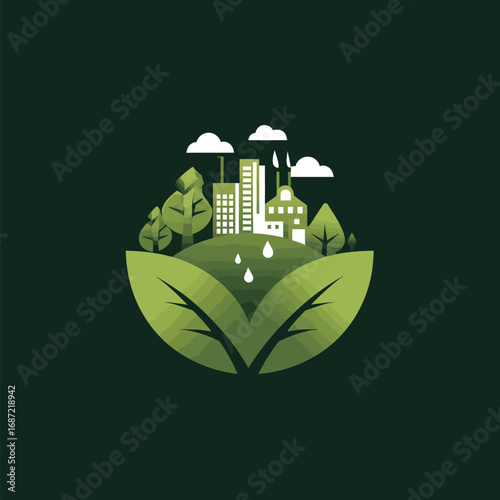 A vibrant green landscape features modern buildings, natural trees, and clouds, representing the balance of urban life and environmental sustainability in a picturesque setting.