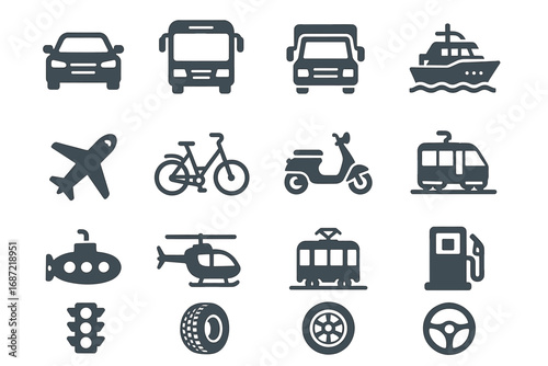 Icon set of various transportation modes including cars, buses, and bicycles