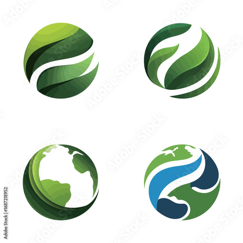 Four unique logos showcase green and blue swirls symbolizing nature and Earth. Each design emphasizes environmental themes with a modern and artistic approach suitable for eco-friendly brands.