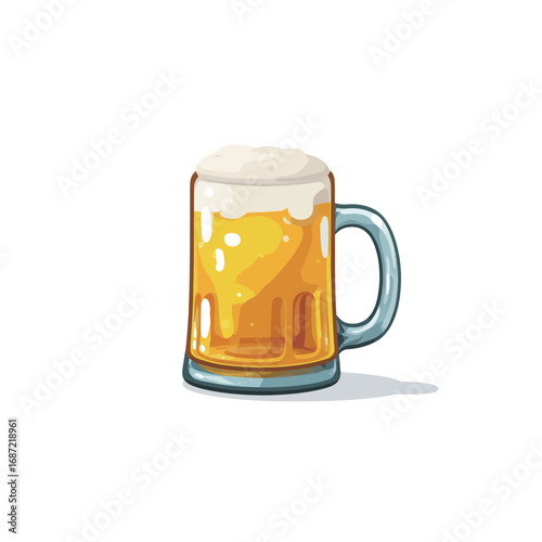 A clear glass mug filled with golden beer and topped with a thick layer of foam. The mug reflects light, portraying a crisp and refreshing beverage. Ideal for social gatherings.