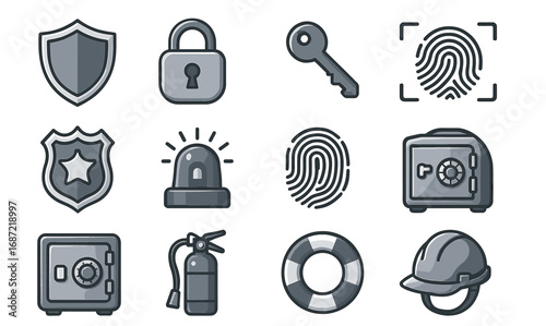 Security icons: shield, lock, key, fingerprint, safe, siren, helmet, lifebuoy