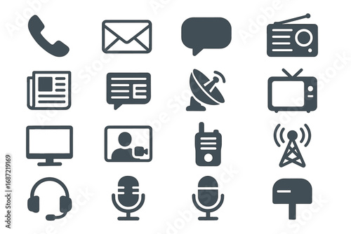 Communication icons set: phone, mail, radio, satellite, tv, microphone, headset