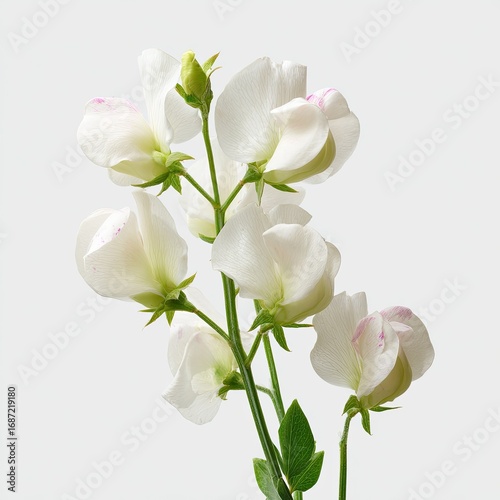 Close-up of delicate white sweet peas with hints of pink