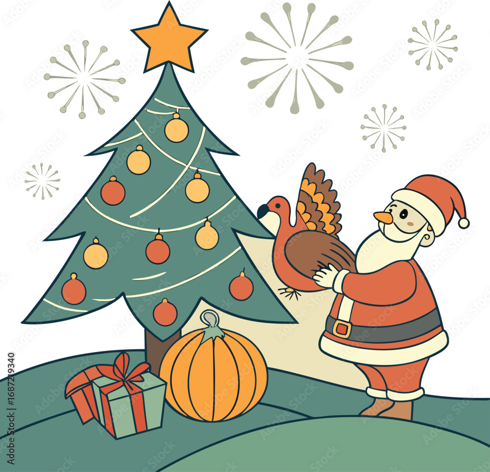 Fototapeta premium Papercut layered 3D effect illustration of Christmas tree with candles, turkey on pumpkin, Santa with gifts, and fireworks in the background.