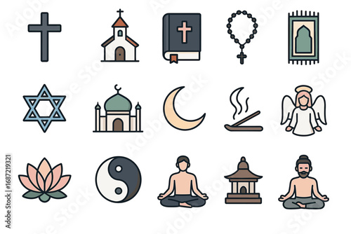Religious symbols: christianity, judaism, islam, buddhism, hinduism, spiritual practices