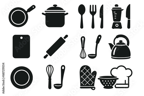 Kitchen utensils and appliances icons: cookware, cutlery, blender, whisk, kettle