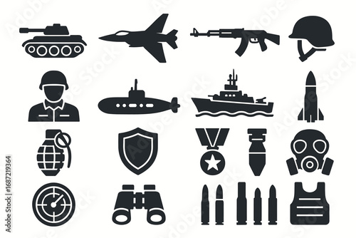 Military icons: tank, fighter jet, rifle, submarine, battleship, rocket, grenade, medal, gas mask