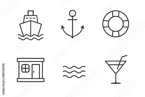 Nautical icons: ship, anchor, life ring, building, waves, cocktail glass
